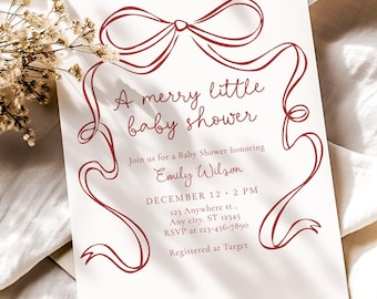 May include: A baby shower invitation with a red bow and ribbon design. The text reads "A merry little baby shower" and includes details for Emily Wilson's baby shower, including the date, time, and RSVP information.