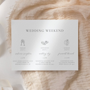 Scheda itinerario matrimonio modificabile, biglietto di benvenuto, sacchetto regalo matrimonio, itinerario weekend, cronologia sacchetto di benvenuto, ordine eventi stampabile