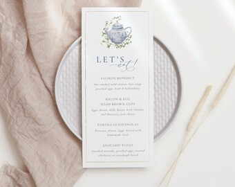 Bridal Shower Menu Template: Greenery Tea Party Design (4x9", Editable)