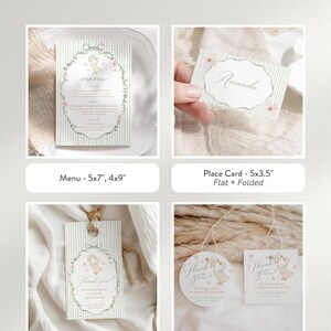 May include: An editable bundle includes a menu, place card, and favor tags. The menu is 5x7 inches and 4x9 inches. The place card is 5x3.5 inches. Favor tags are 2x3.5 inches and 2x2 inches. All items feature a floral design.
