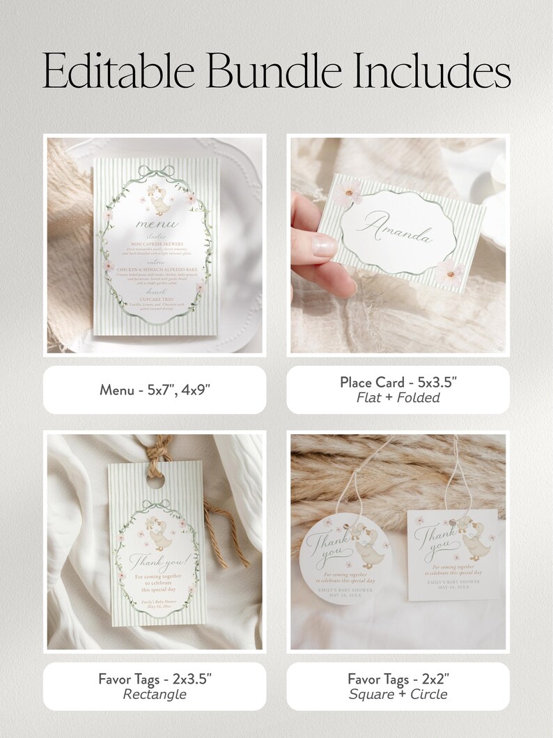 May include: An editable bundle includes a menu, place card, and favor tags. The menu is 5x7 inches and 4x9 inches. The place card is 5x3.5 inches. Favor tags are 2x3.5 inches and 2x2 inches. All items feature a floral design.