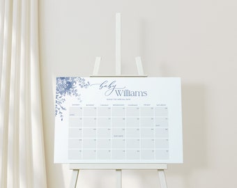 Errate das Fälligkeitsdatum Baby Shower Spiel, Ankunftsdatum Datum erraten Spiel Zeichen, Baby Aufgrund Datum Kalender Zeichen, Blaue Blumen Errate den Geburtstag 43