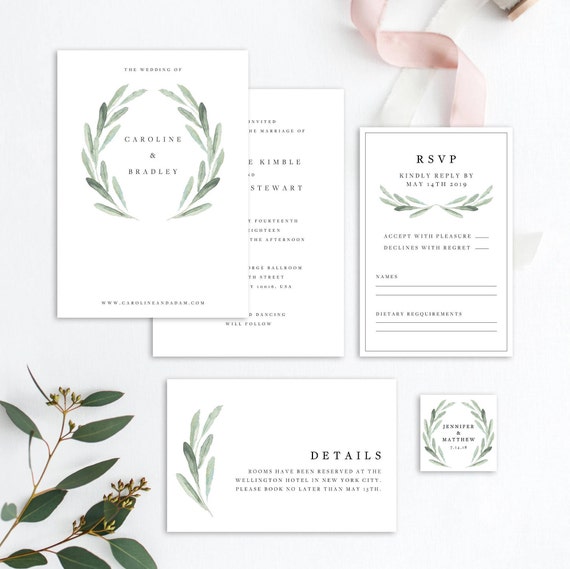 Olive Branch Wedding Invitation Kit Template Green Leaf Wreath Etsy