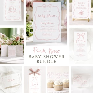 May include: A collection of baby shower stationery items with a pink bow theme. Includes invitations, signs, menu cards, thank you notes, and cupcake toppers. The text includes "Baby Shower" and "Thank You".