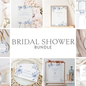 Navy Blue Floral Bridal Shower Invitation Bundle Template, Minimalist Bridal Shower Invite, Victorian Bridal Shower Printable 43