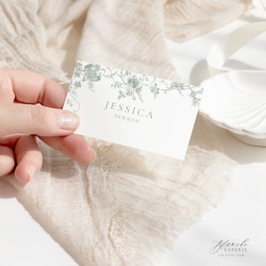 Editable Place Cards, Sage Green Vintage Floral Wedding Place Cards, Name Escort Cards, Place Cards Flat Folded, Editable Template 55