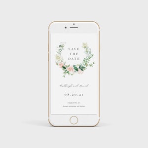 Text Message Save the Date Template, Pink Floral Wreath, Greenery, Electronic Save the Date Evite, Editable Template, Dusty Pink Roses 40