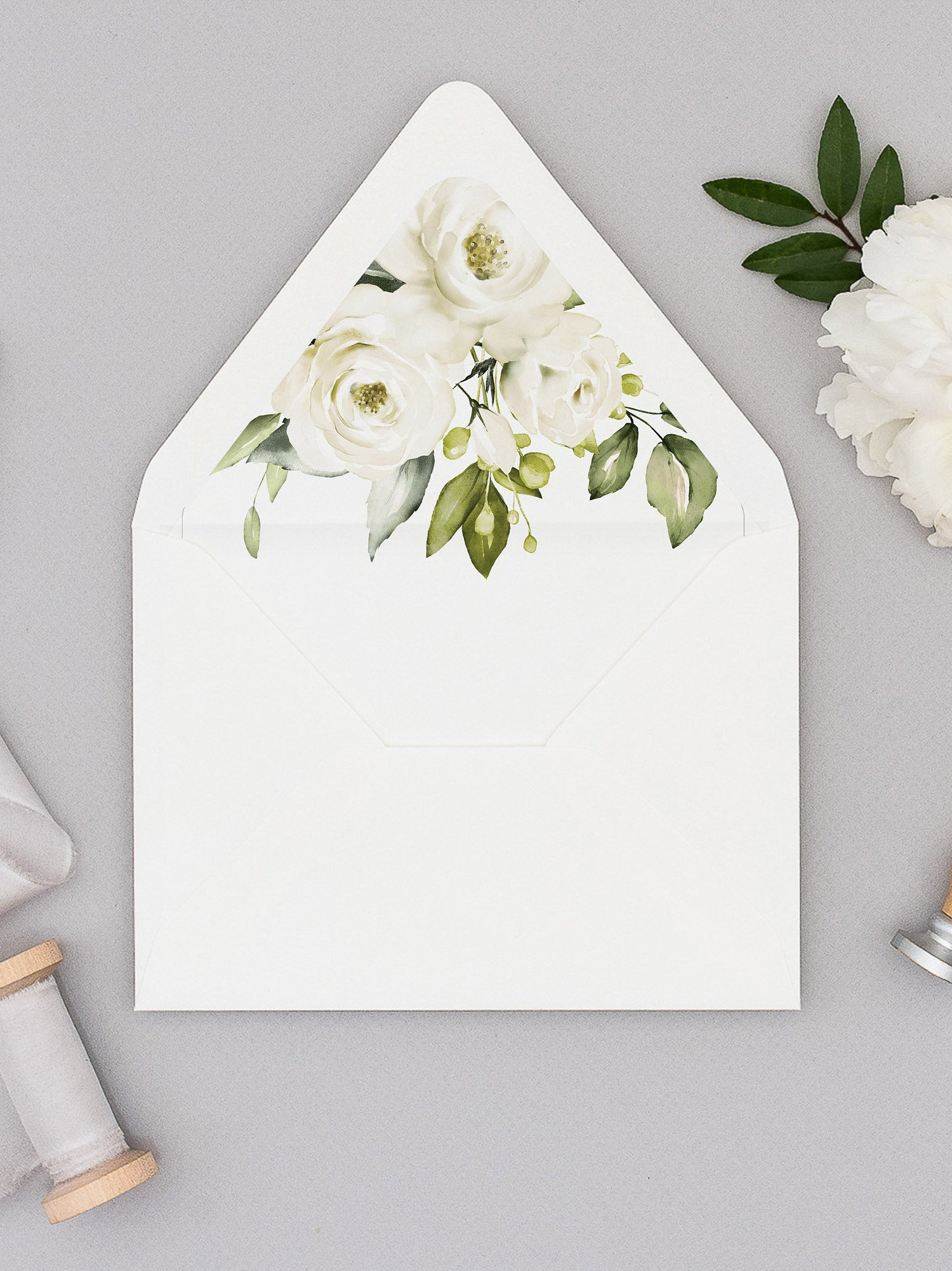 White Roses Envelope Liner Template Floral Greenery Envelope Etsy