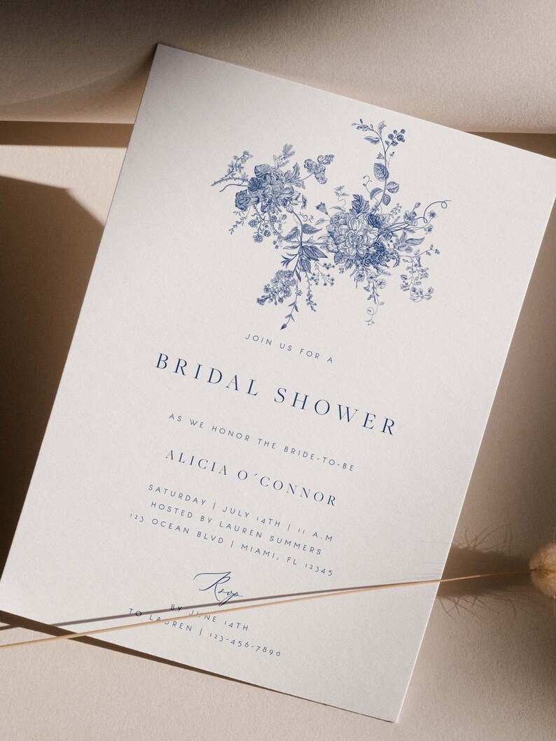 Bridal Shower Invitation Template Garden Wedding Botanical Blue Floral Printable Bridal Shower Editable Wedding Instant