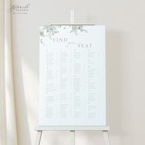 Salbei grün Blumensitzplan, Vintage Blumenhochzeit Sitzplan, botanisches Schild, sofortiger Download, druckbarer Sitzplan, bearbeitbares Schild 55