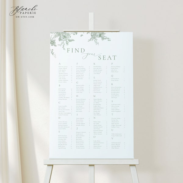 Sage Green Floral Seating Chart, Vintage Floral Wedding Seating, Botanical Sign, Instant Download, Printable Seating Plan, Editable Sign 55