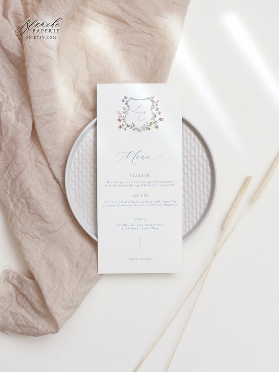 Watercolor Floral Crest Wedding Menu, Wedding Menu Template, Printable Menu, Editable Template, Bridgerton Wedding Menu, Instant Download 35