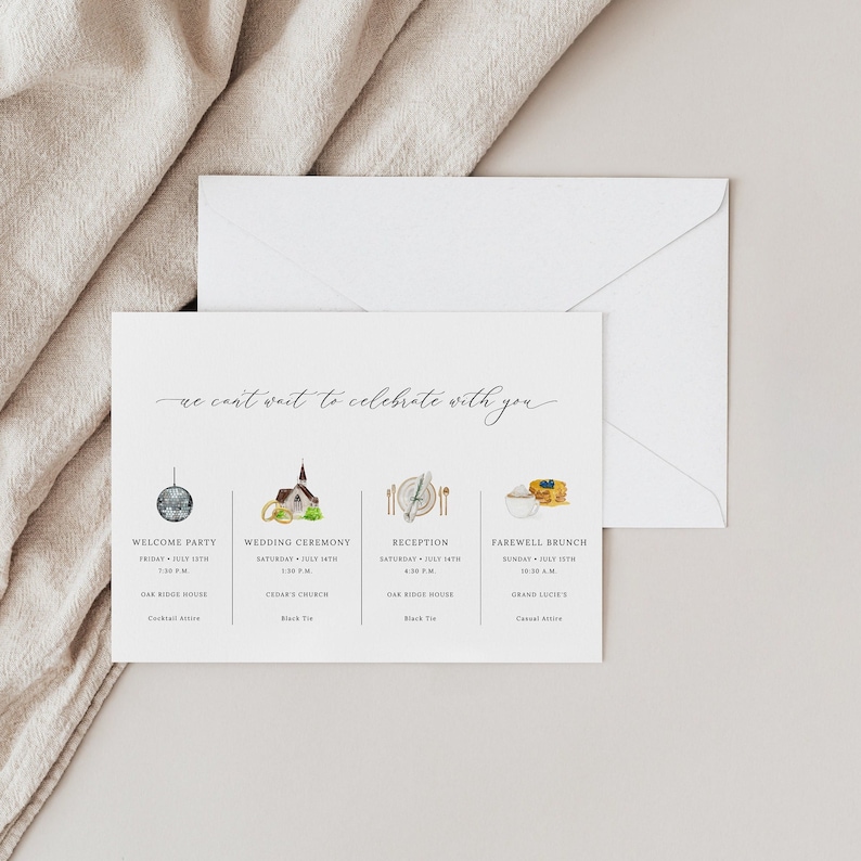 May include: A wedding invitation card with a watercolor illustration of a disco ball, a church, a plate with silverware, and a bowl of fruit. The card lists the events for a wedding weekend, including a welcome party, wedding ceremony, reception, and farewell brunch. The text on the card reads "We can't wait to celebrate with you."