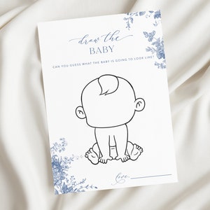 Draw The Baby Game, Blue Floral Baby Shower Game, Floral Draw Baby Game, Modern Minimalist Baby Shower, Printable Game, Instant Download 43