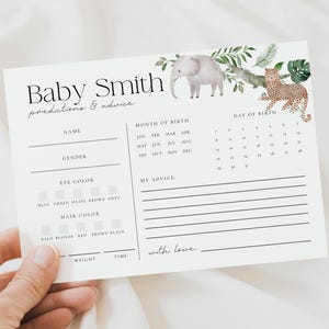 Carte de conseils et prédictions pour bébé, Shower de bébé animaux de safari, Conseils pour bébé Wild One on the Way, Jeu de prédictions pour bébé, Tropical moderne 73