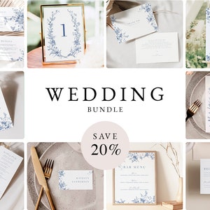 Navy Blue Wedding Bundle, Blue Floral Wedding Bundle, Vintage Invitation Template, Editable Wedding, Instant Download 43
