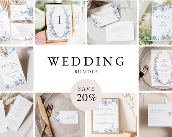Navy Blue Wedding Bundle, Blue Floral Wedding Bundle, Vintage Invitation Template, Editable Wedding, Instant Download 43