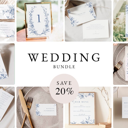 Hochzeitspaket in Marineblau, Hochzeitspaket mit blauem Blumenmuster, Vintage-Einladungsvorlage, Bearbeitbare Hochzeitseinladung, Sofort-Download (43)