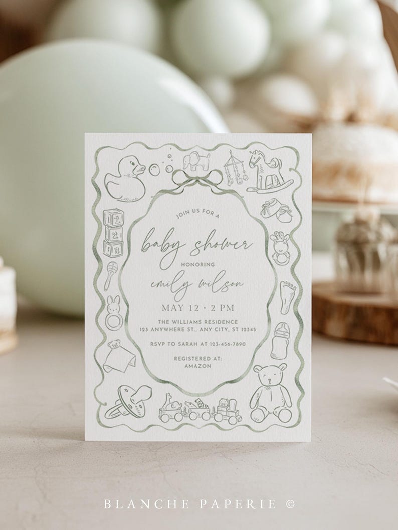 May include: Baby shower invitation with a green illustrated border featuring baby-themed icons. The invitation includes the text "Join us for a baby shower" and details for Emily Wilson's baby shower, including the date, time, and location.