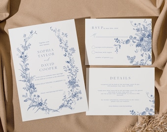 Vintage Floral Wedding Set, Navy Blue Invitation Template, Printable Invitation Set, Instant Download, Botanical Wedding Invite 43