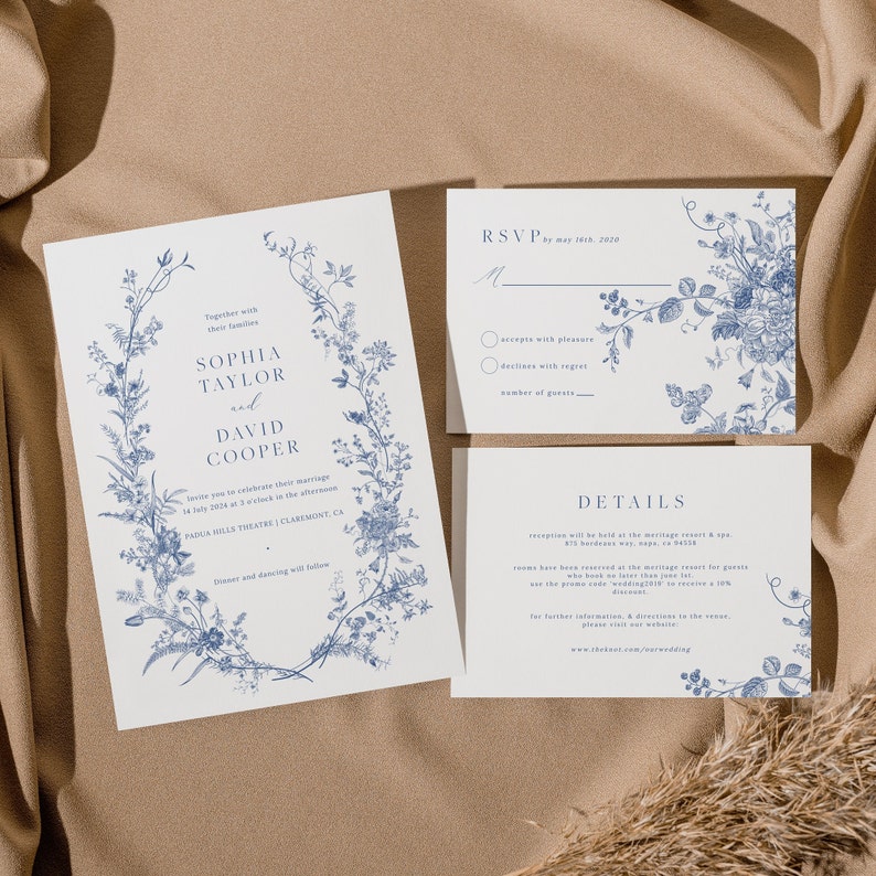 Vintage Floral Wedding Set, Navy Blue Invitation Template, Printable Invitation Set, Instant Download, Botanical Wedding Invite 43 image 1