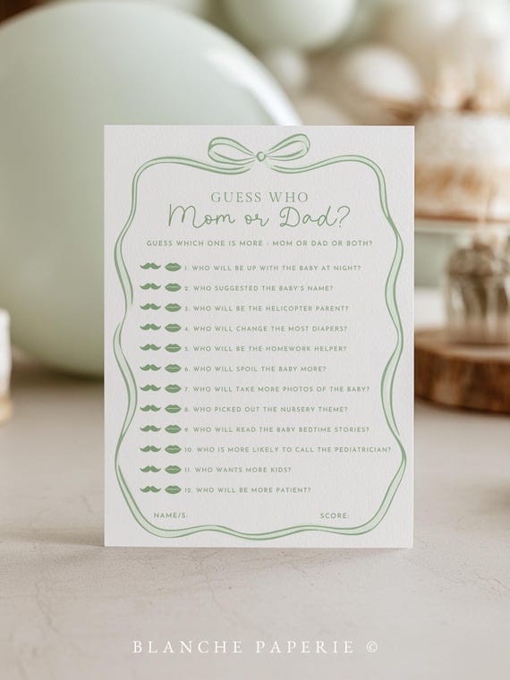 Guess Who - Mom or Dad Baby Shower Game Card (Sage Green Bow), Gender Neutral Baby Shower Activity