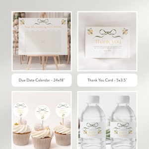 May include: An editable baby shower bundle includes a due date calendar, thank you cards, cupcake toppers, and water bottle labels. The design features a lemon and bow theme with the text "Editable Bundle Includes". The calendar is 24x18 inches.