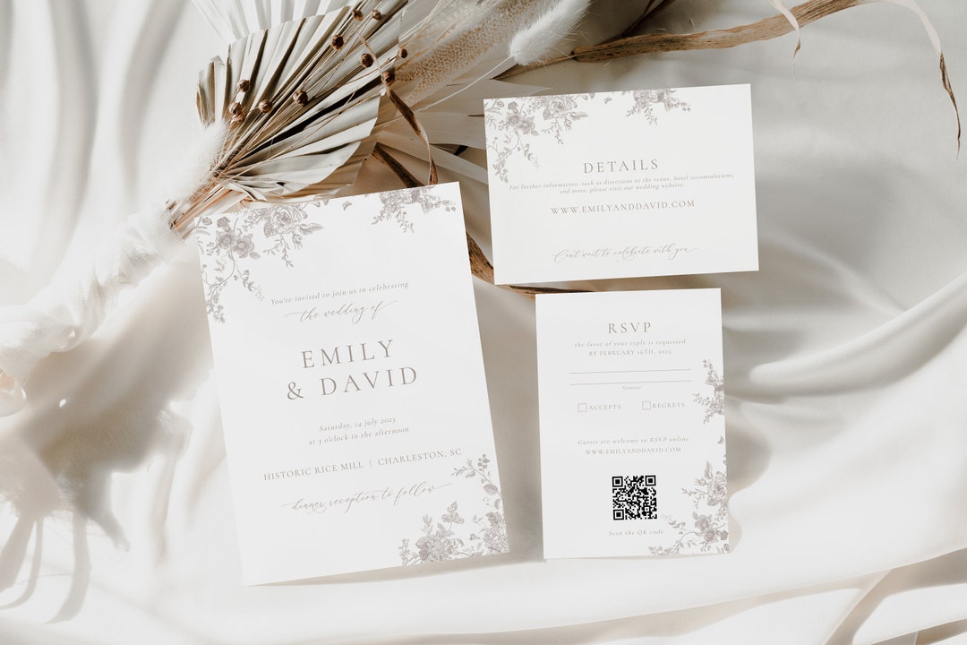 Earthy Taupe Vintage Floral Wedding Set, Invitation Template, Printable ...