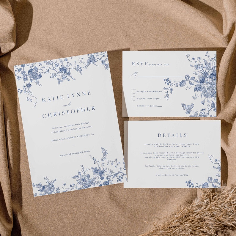 Vintage Floral Wedding Set, Navy Blue Invitation Template, Printable Invitation Set, Instant Download, Botanical Wedding Invite 43 image 3