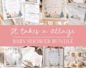 May include: A baby shower bundle featuring invitations, thank you cards, and labels. The designs include a village scene with a teddy bear, deer, and Christmas tree. The text "It takes a village" is displayed prominently. The color scheme is soft pastel pink and blue.