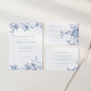 Vintage Floral Wedding Set, Navy Blue Invitation Template, Printable Invitation Set, Instant Download, Botanical Wedding Invite 43 image 4