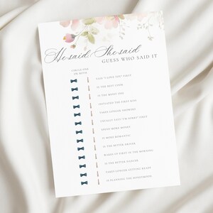 Blush Floral He Said She Said Bridal Shower Game (Editable Template)