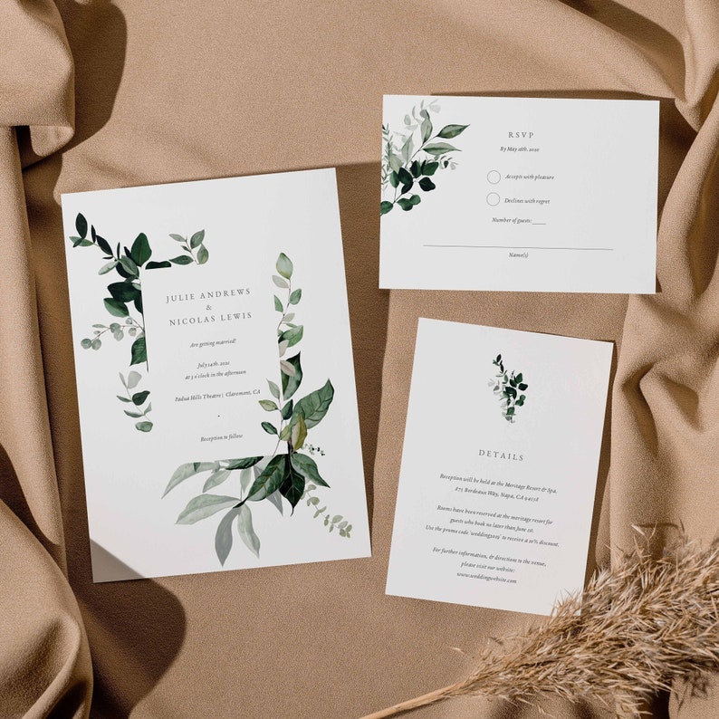 Greenery Wedding Invitation Set, Leafy Green Invite, Botanical Invite, Editable Template, Minimal Wedding Invitation Suite, Instant Download image 1