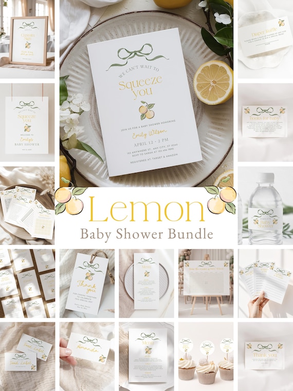 Lemon Baby Shower Bundle, Modern Citrus Theme (Edit with Canva)