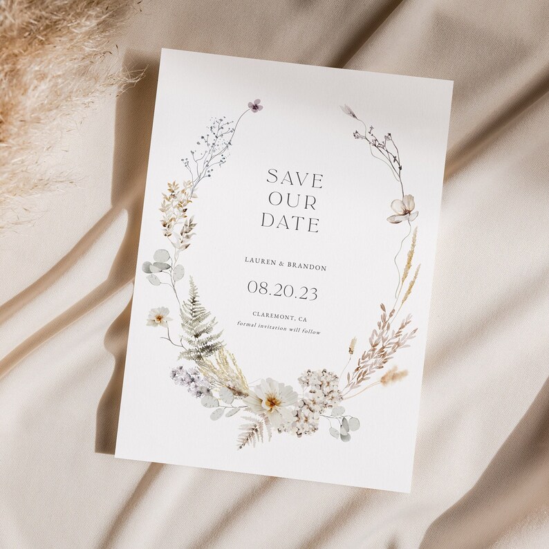 Neutral Wildflower Save the Date Template, White Flowers Save the Date, Floral Wreath Wedding, Save our Date, Instant Download, Editable 03 image 1