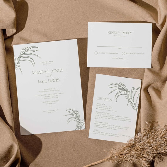 Palm Leaf Wedding Invitation, Beachy Wedding Invite, Frawn Invitation Template, Palm Tree Invite Set, Editable Wedding, Instant Download 06