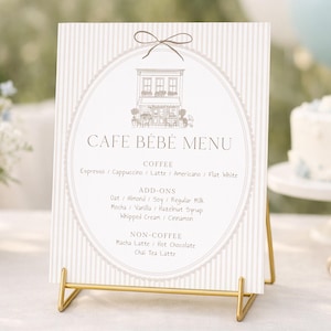 Cartel de menú de cafetería para baby shower - Café Bébé, temática "Bebé en camino", género neutro (plantilla de Canva)