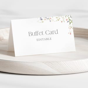 Plantilla minimalista para tarjeta de buffet, etiqueta floral para comida de despedida de soltera, etiquetas para comida de baby shower, tarjetas plegables para comida, etiquetas de comida con flores silvestres (65)