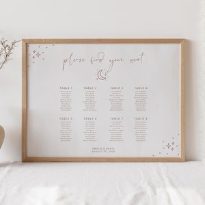 Modèle de plan de table pour mariage céleste bohème, plan de table constellation, signe de sièges de mariage lune et étoiles, téléchargement immédiat 66