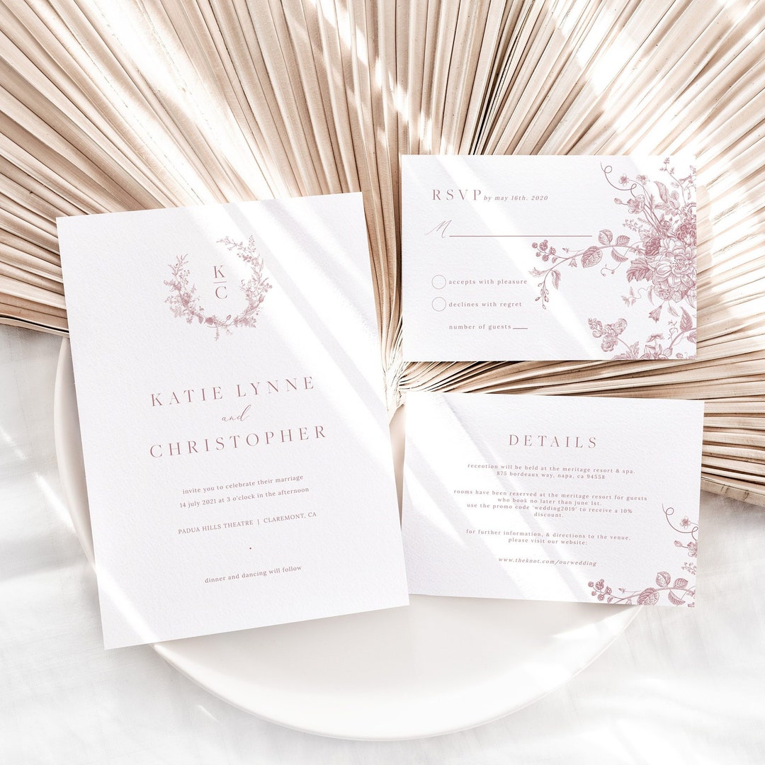 Vintage Floral Crest Wedding Set, Dusty Pink Invitation Template, Dusty ...