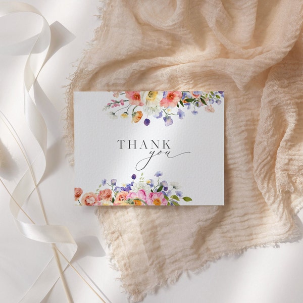 Floral Folded Thank You Card, Colorful Thank you, Pink Floral, Printable Thank You Template, Minimalist Flowers, Editable Template 23