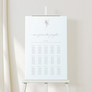 Stoeltabel Onze favoriete mensen, minimalistisch bord, stoelsjabloon met witte bloemen, eenvoudige plattegrond, neutrale bloemen 20