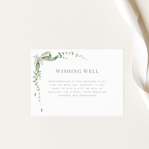 Modello di biglietto di auguri Greenery Wishing Well, Pozzo dei desideri modificabile, Giglio bianco botanico, Poesia del pozzo dei desideri di nozze, Inserto per richiesta regalo, Templett27