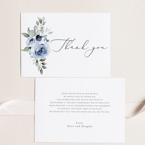 Stoffige blauwe bloemen bedankkaart, marineblauwe bedankkaart, afdrukbare bruiloft bedanksjabloon, bewerkbare bruiloft, direct downloaden, Templett 34