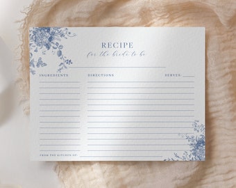 Blue Floral Recipe Card Template, Printable Bridal Shower Recipe Insert, Editable Kitchen Recipe Card Template, Modern Recipe Card 43