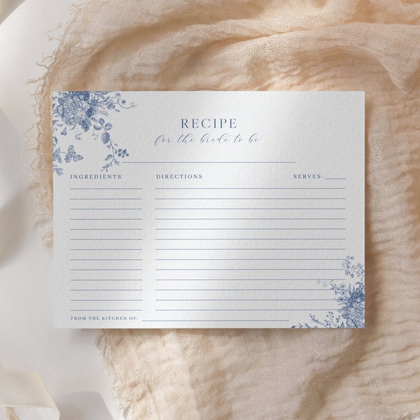 Plantilla de tarjeta de recetas con flores azules, inserto imprimible para recetas de despedida de soltera, plantilla editable para tarjetas de recetas de cocina, tarjeta de recetas moderna 43