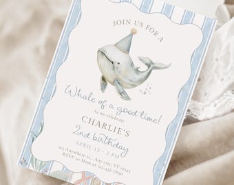 Watercolor Whale Birthday Invitation with wavy border (Editable Template) - Ocean Theme