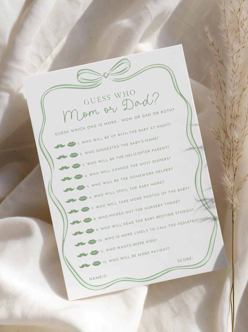 May include: A white card with a green border and text that reads "Guess Who Mom or Dad?" with questions about parenting. The card has a bow design at the top and mustache and lips icons.