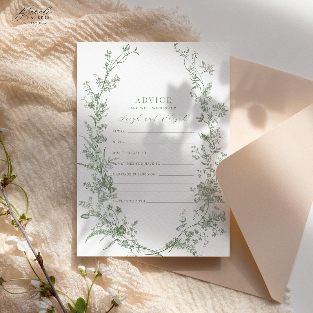 Wedding Advice Card Printable, Green Floral Bridal Advice Card, Well ...