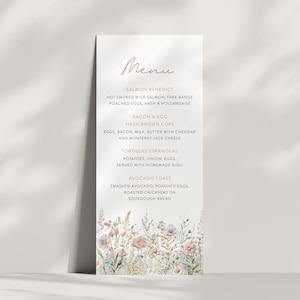 Wildflower Baby Shower Menu Template: Editable Brunch Menu (4x9&quot;, Digital Download